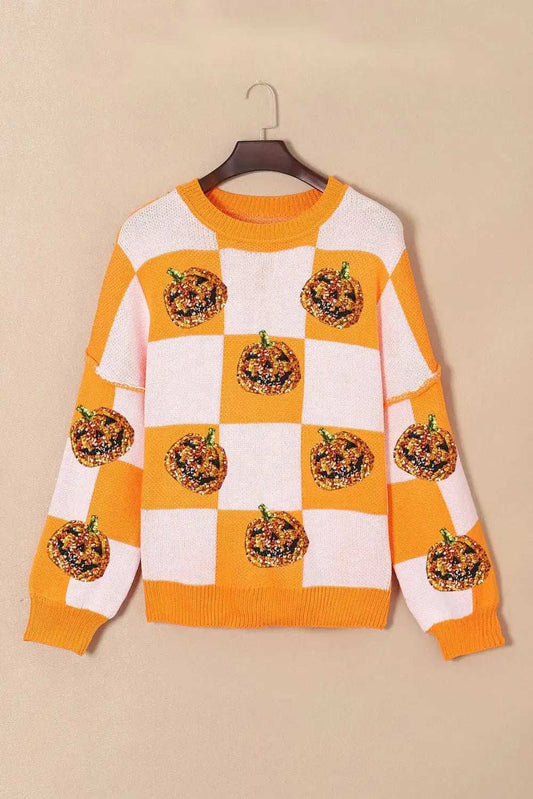 Pumpkin Checkered Round Neck Long Sleeve Sweater - Trendsi - Flyclothing LLC