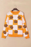 Pumpkin Checkered Round Neck Long Sleeve Sweater - Trendsi - Flyclothing LLC