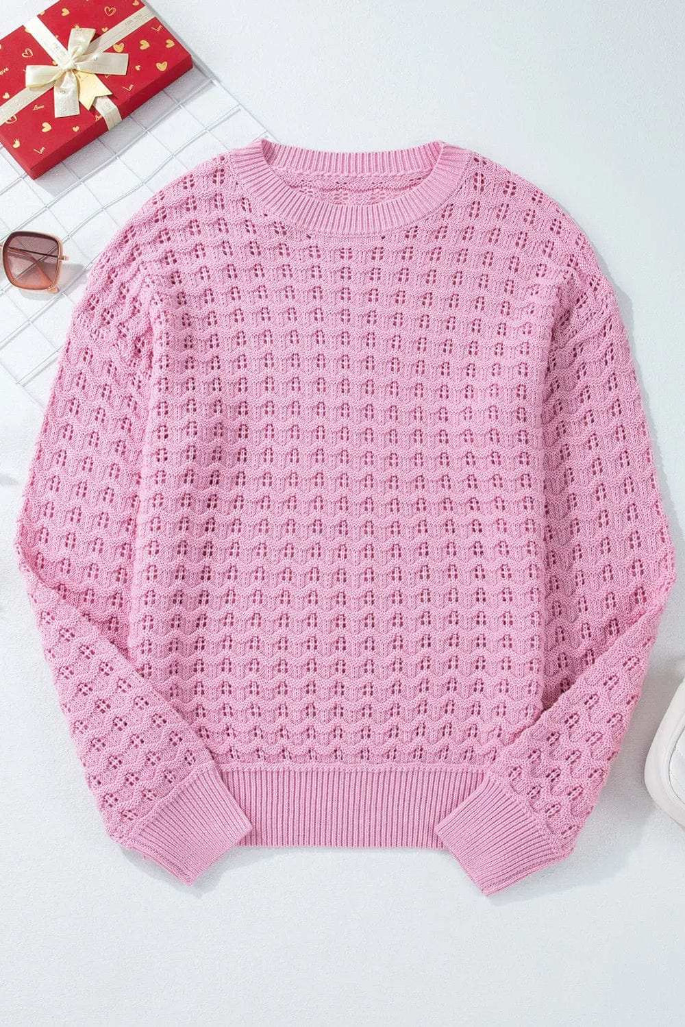 Round Neck Dropped Shoulder Long Sleeve Sweater - Trendsi - Flyclothing LLC