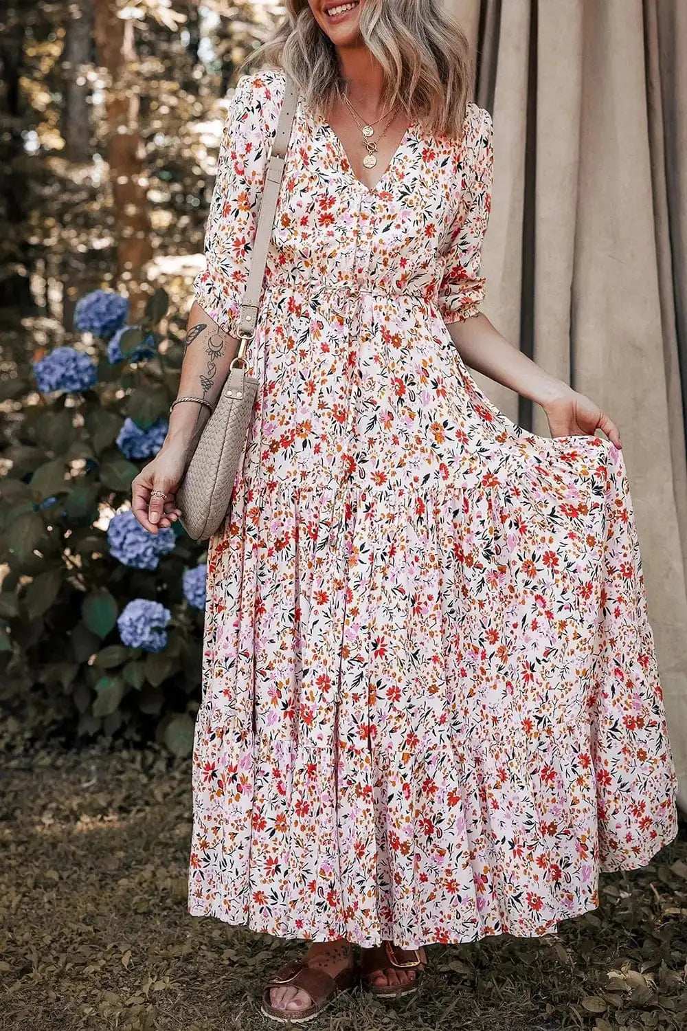 Boho Half Sleeve Floral V Neck Maxi Dress - Trendsi - Flyclothing LLC