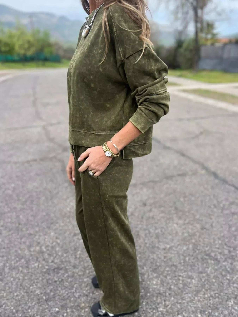 Full Size Washed Round Neck Top and Drawstring Pants Set Plus Size - Trendsi - Flyclothing LLC