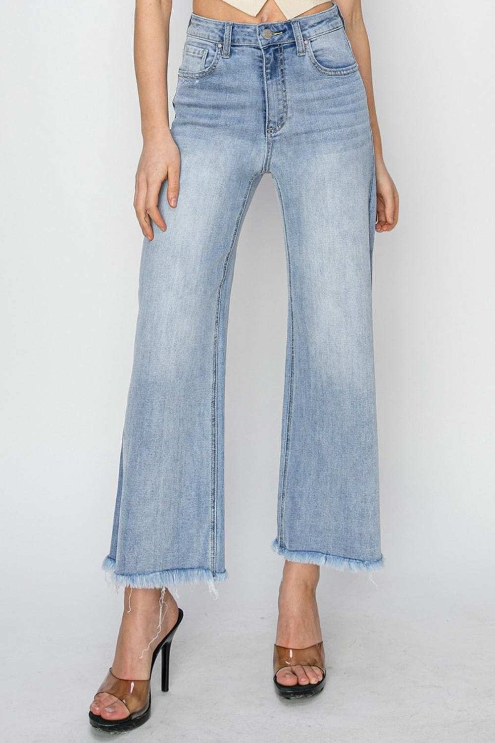 RISEN High Rise Crop Wide Fray Hem Jeans - Trendsi - Flyclothing LLC