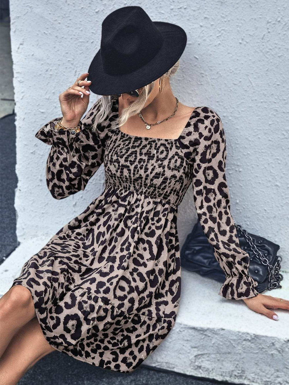 Leopard Smocked Flounce Sleeve Mini Dress - Trendsi - Flyclothing LLC