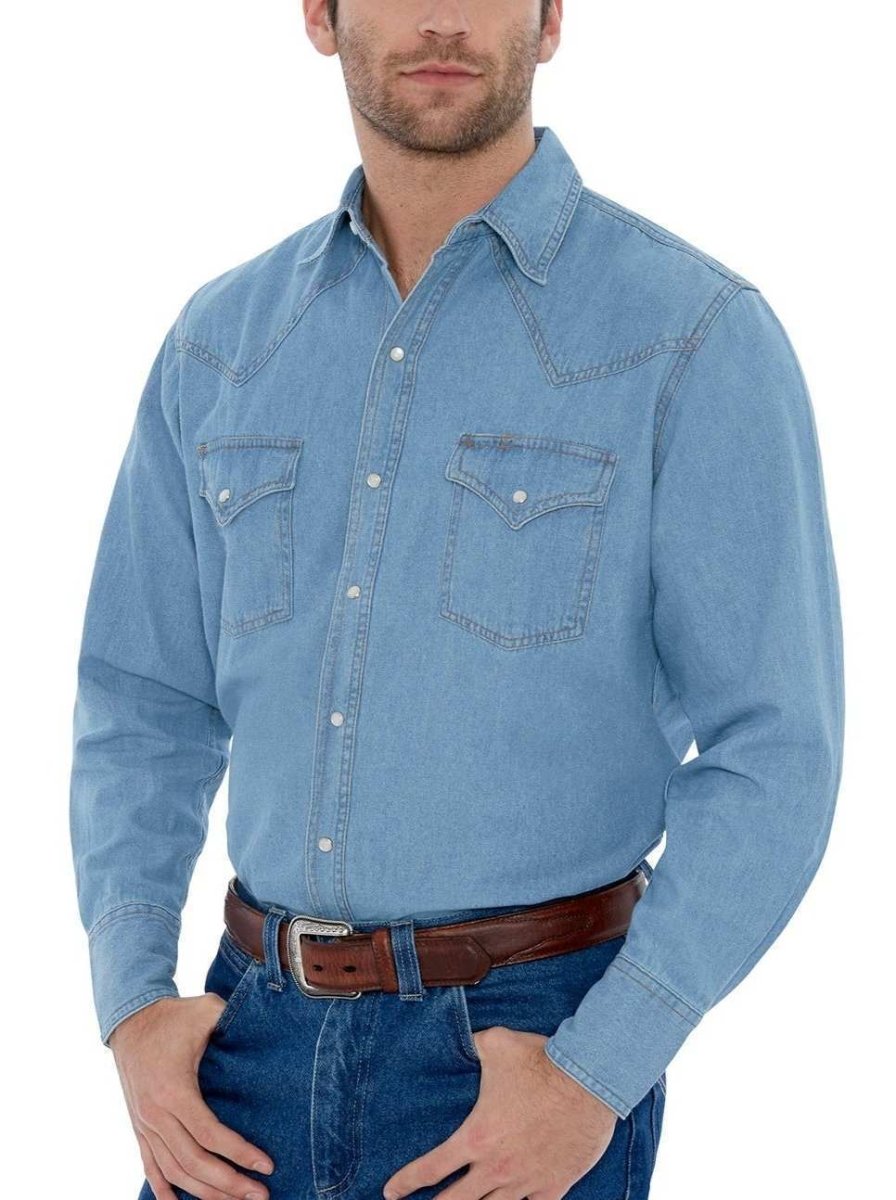 Men's Ely Cattleman Long Sleeve Washed Denim Western Snap Shirt - Ely Cattleman - Flyclothing LLC
