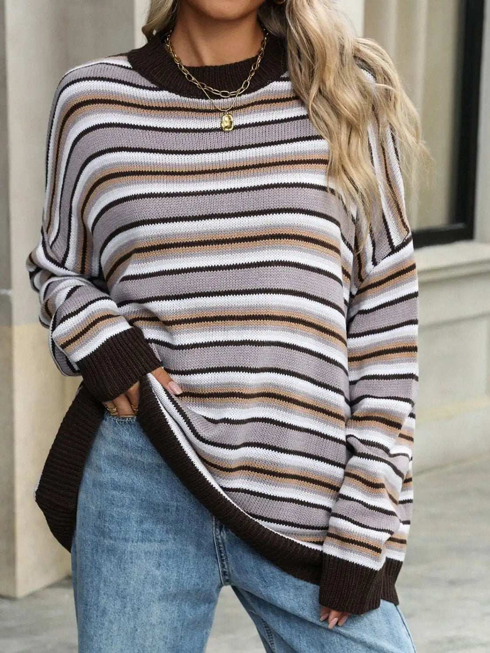 Striped Mock Neck Long Sleeve Sweater - Trendsi - Flyclothing LLC