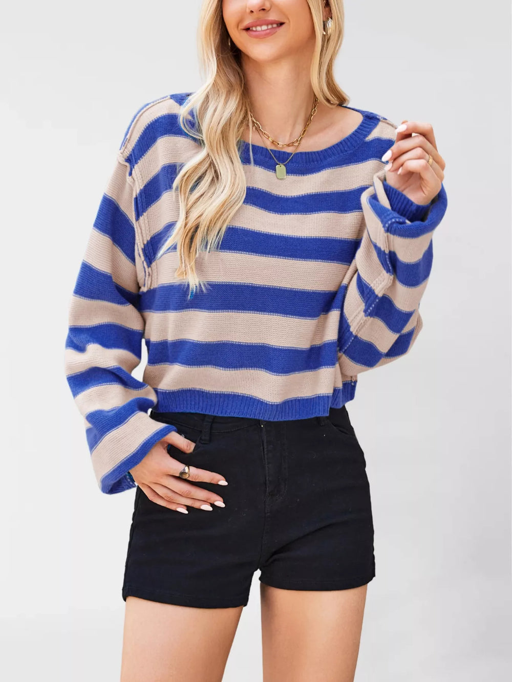 Striped Dropped Shoulder Sweater - Trendsi - Flyclothing LLC