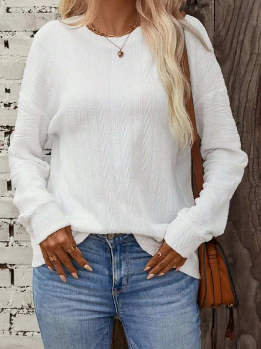 Textured Round Neck Long Sleeve T-Shirt - Trendsi - Flyclothing LLC