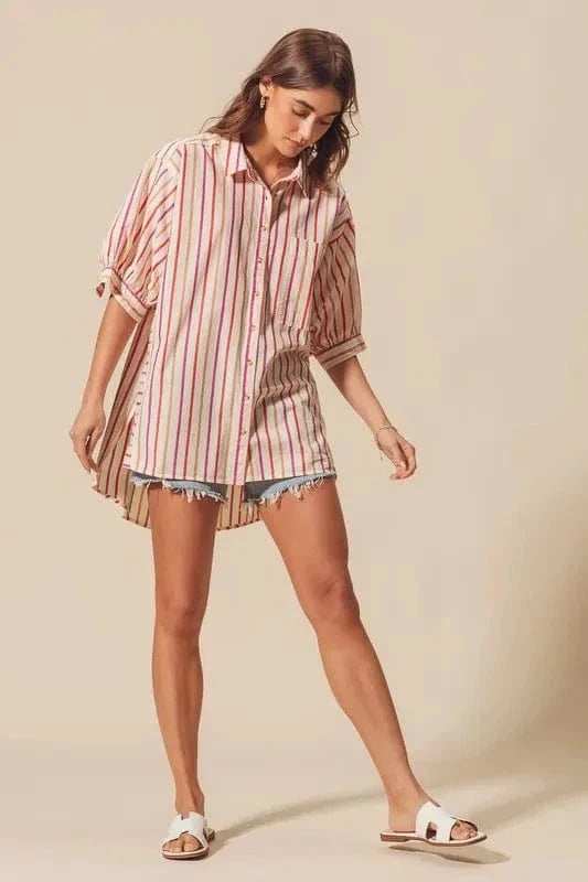 SO ME Multicolored Stripe Button Down Shirt - Trendsi - Flyclothing LLC