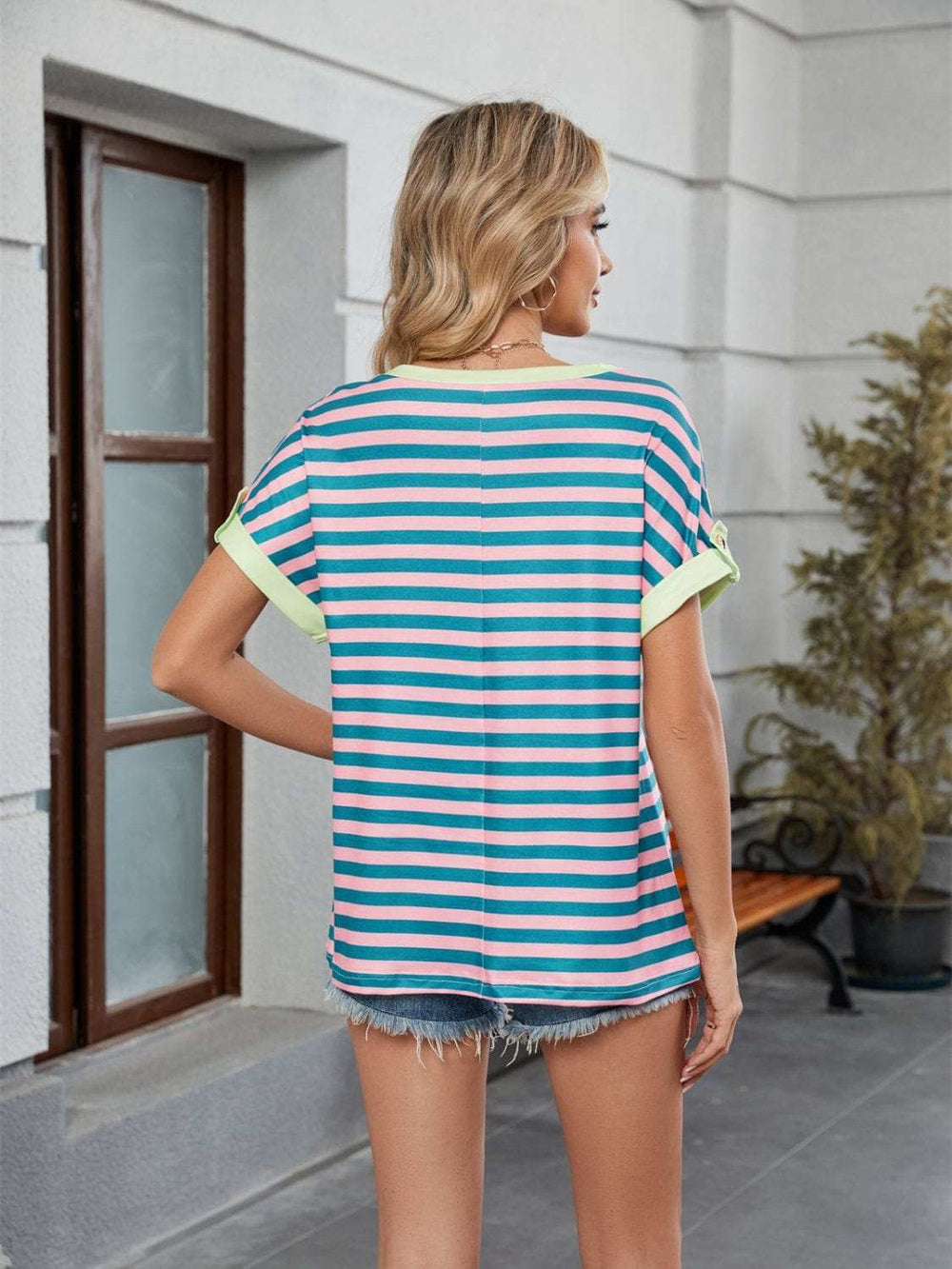 Striped Round Neck Short Sleeve T-Shirt - Trendsi - Flyclothing LLC