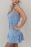 Ruffled Hem Button Front Square Neck Denim Dress - Trendsi - Flyclothing LLC
