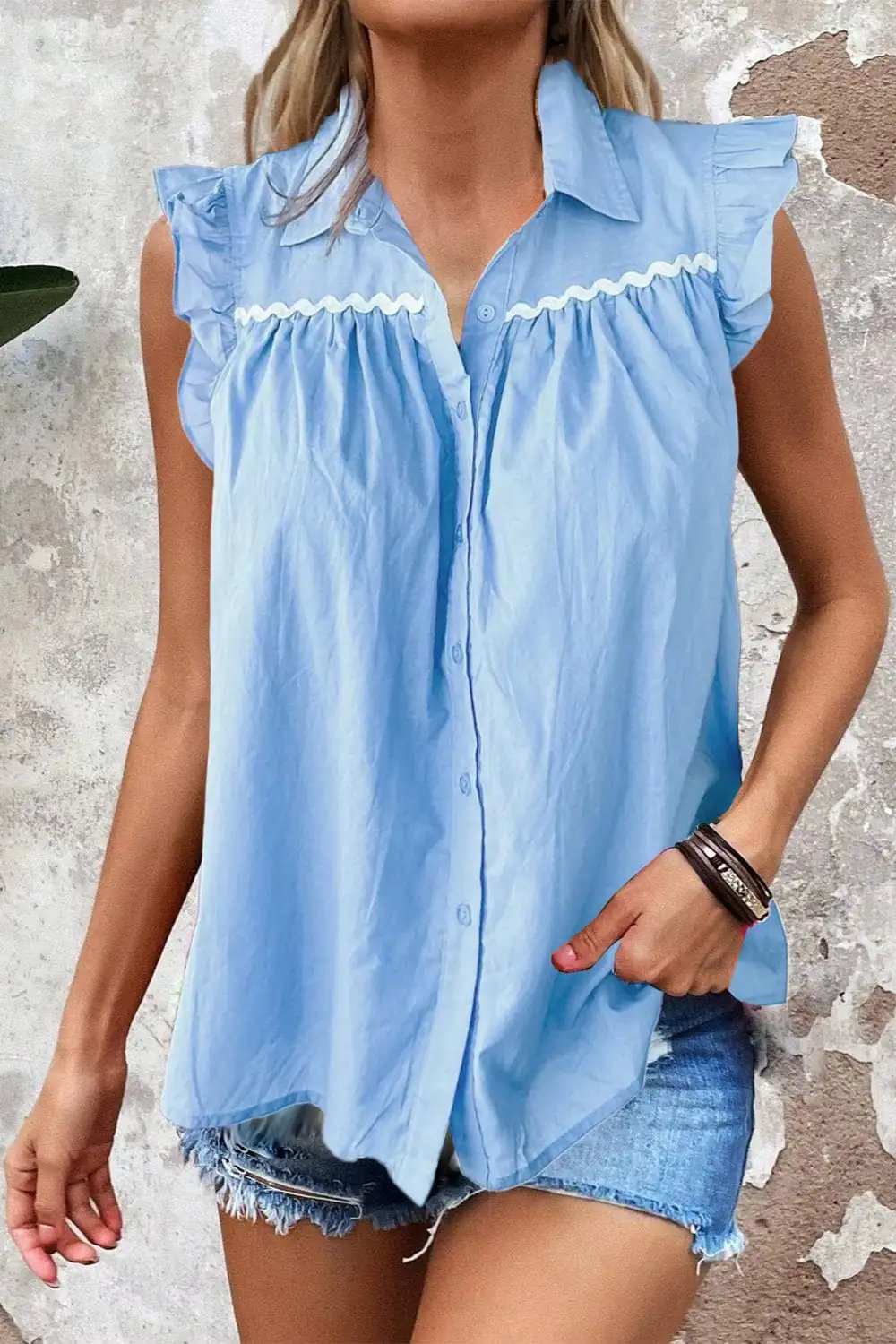 Ruffled Collared Neck Cap Sleeve Shirt - Trendsi - Flyclothing LLC