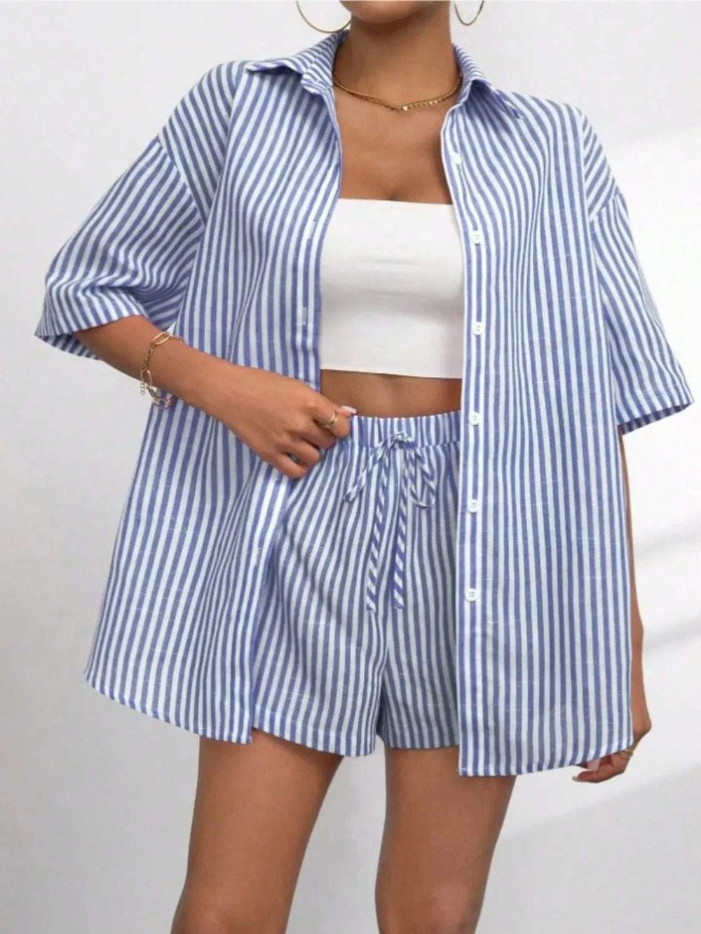 Striped Button Up Shirt and Shorts Set - Trendsi - Flyclothing LLC