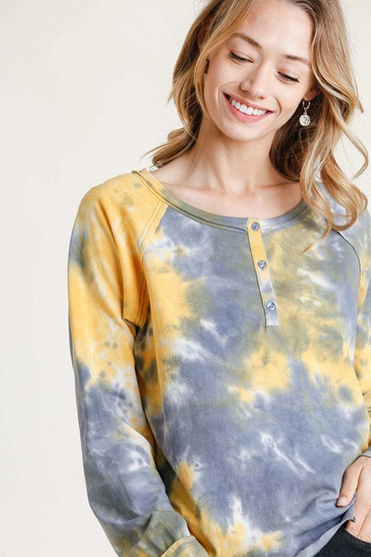 Umgee Full Size Tie Dye Button Front Long Raglan Sleeve Top Plus Size - Trendsi - Flyclothing LLC