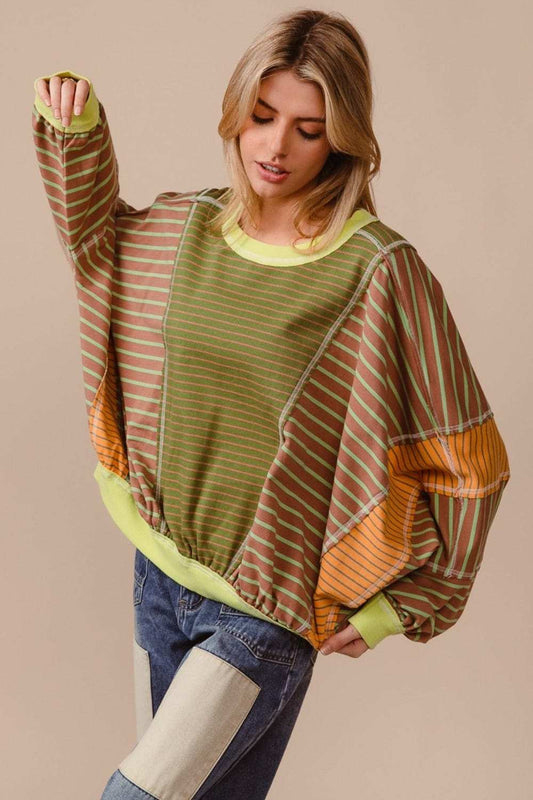 BiBi Color Block Striped Round Neck Sweatshirt - Trendsi - Flyclothing LLC