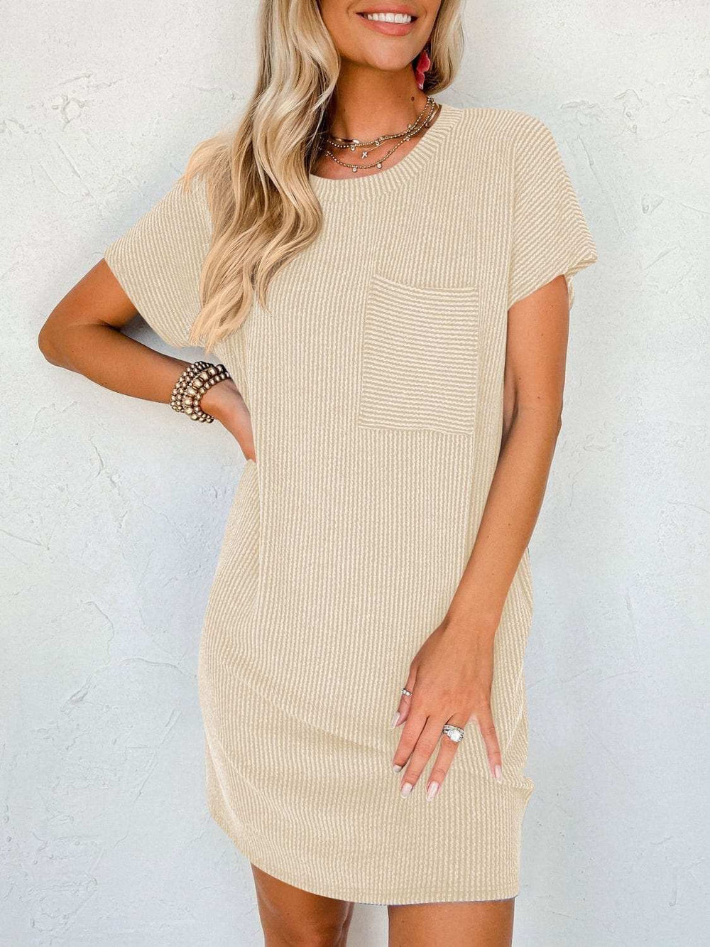 Round Neck Short Sleeve Mini Dress - Trendsi - Flyclothing LLC