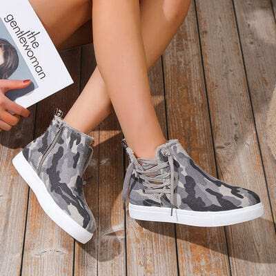 Lace-Up Round Toe Canvas Boots with Side Zip - Trendsi - Flyclothing LLC