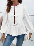 Ivy Lane Peplum Tied Long Sleeve Blouse - Trendsi - Flyclothing LLC