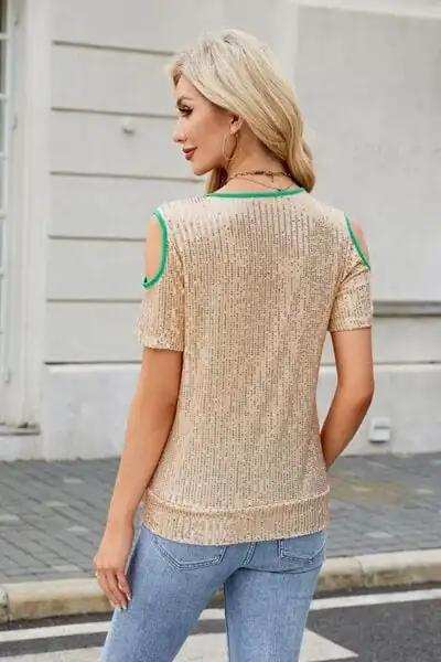 Sequin Crisscross V-Neck Cold Shoulder Blouse - Trendsi - Flyclothing LLC