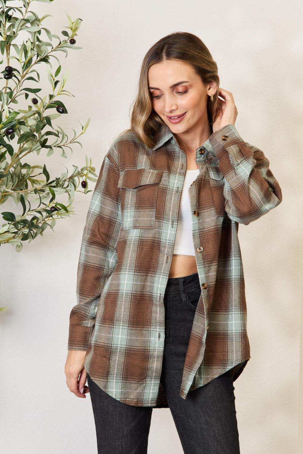 Double Take Plaid Dropped Shoulder Shirt - Trendsi - Flyclothing LLC