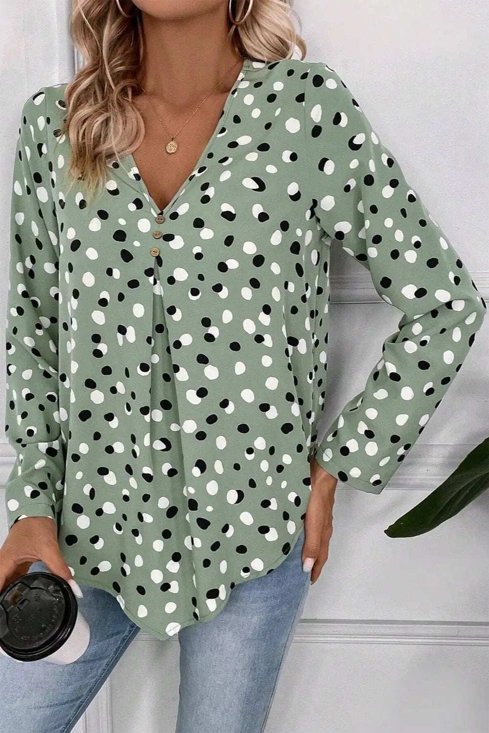 Printed V-Neck Long Sleeve Blouse - Trendsi - Flyclothing LLC