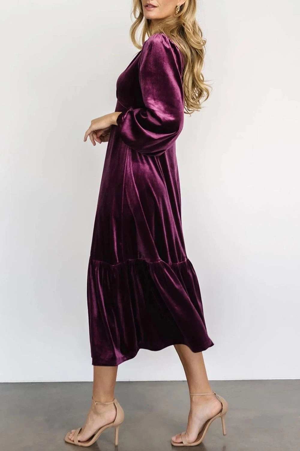 V-Neck Long Sleeve Midi Velvet Dress - Trendsi - Flyclothing LLC