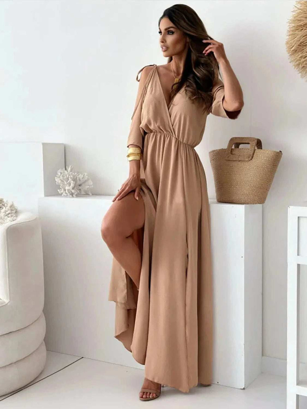 Tied Shoulder Slit Maxi Dress - Trendsi - Flyclothing LLC