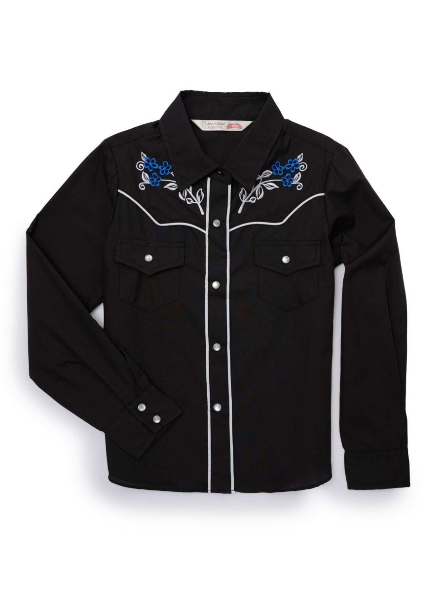 Girl's Ely Cattleman Solid Black Western Snap Shirt with Floral Embroidery - Ely Cattleman - Flyclothing LLC