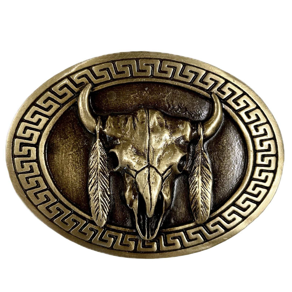 Rockmount Ranch Ware Steer Skull & Feathers Brass Western Belt Buckle - Rockmount Clothing - Flyclothing LLC