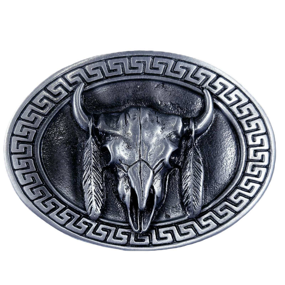 Rockmount Ranch Ware Steer Skull & Feathers Pewter Western Belt Buckle - Rockmount Clothing - Flyclothing LLC