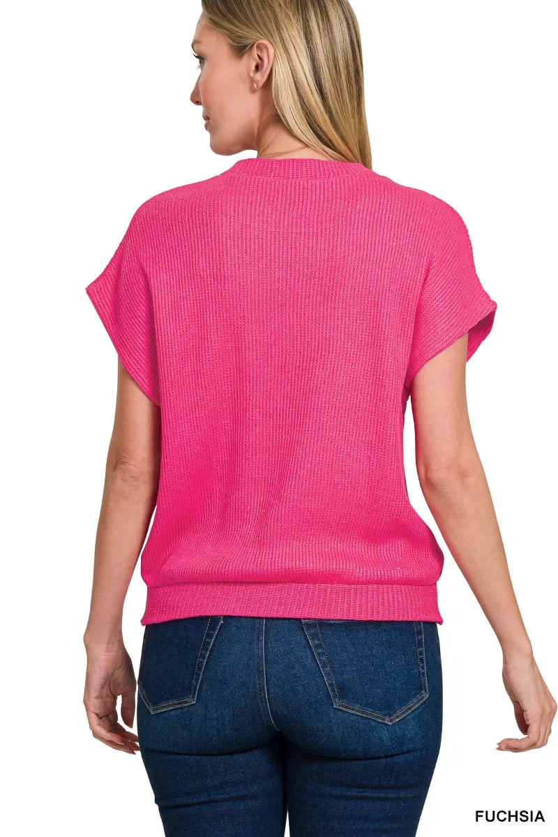 Zenana Round Neck Banded Botton Short Sleeve Sweater - Trendsi - Flyclothing LLC