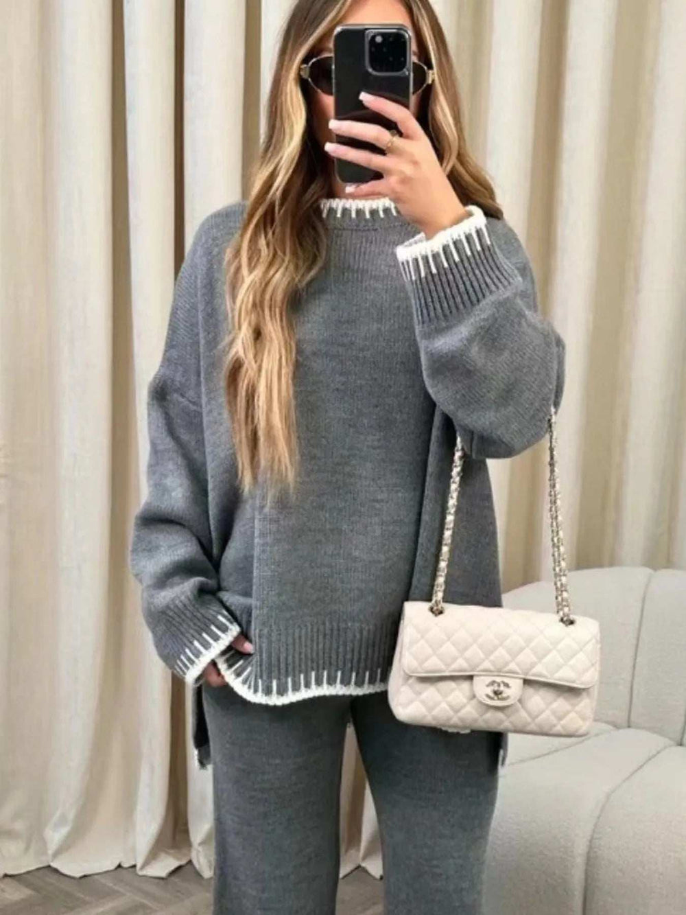 Contrast Trim Round Neck Top and Pants Sweater Set - Trendsi - Flyclothing LLC