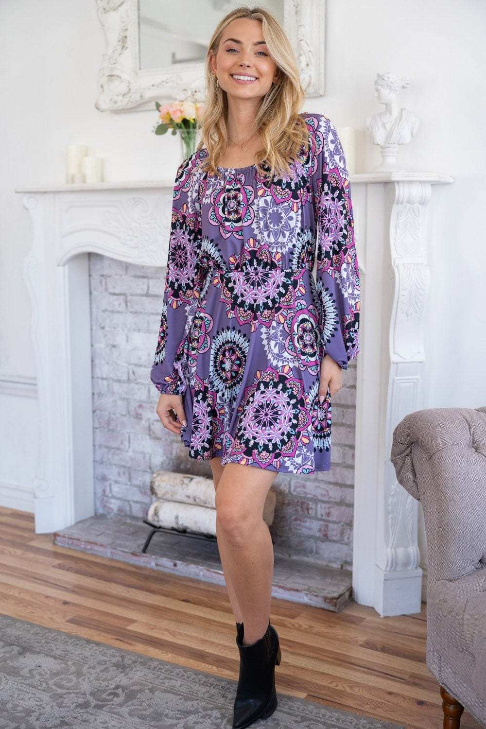 White Birch Printed Long Sleeve Mini Dress with Short Liner - Trendsi - Flyclothing LLC
