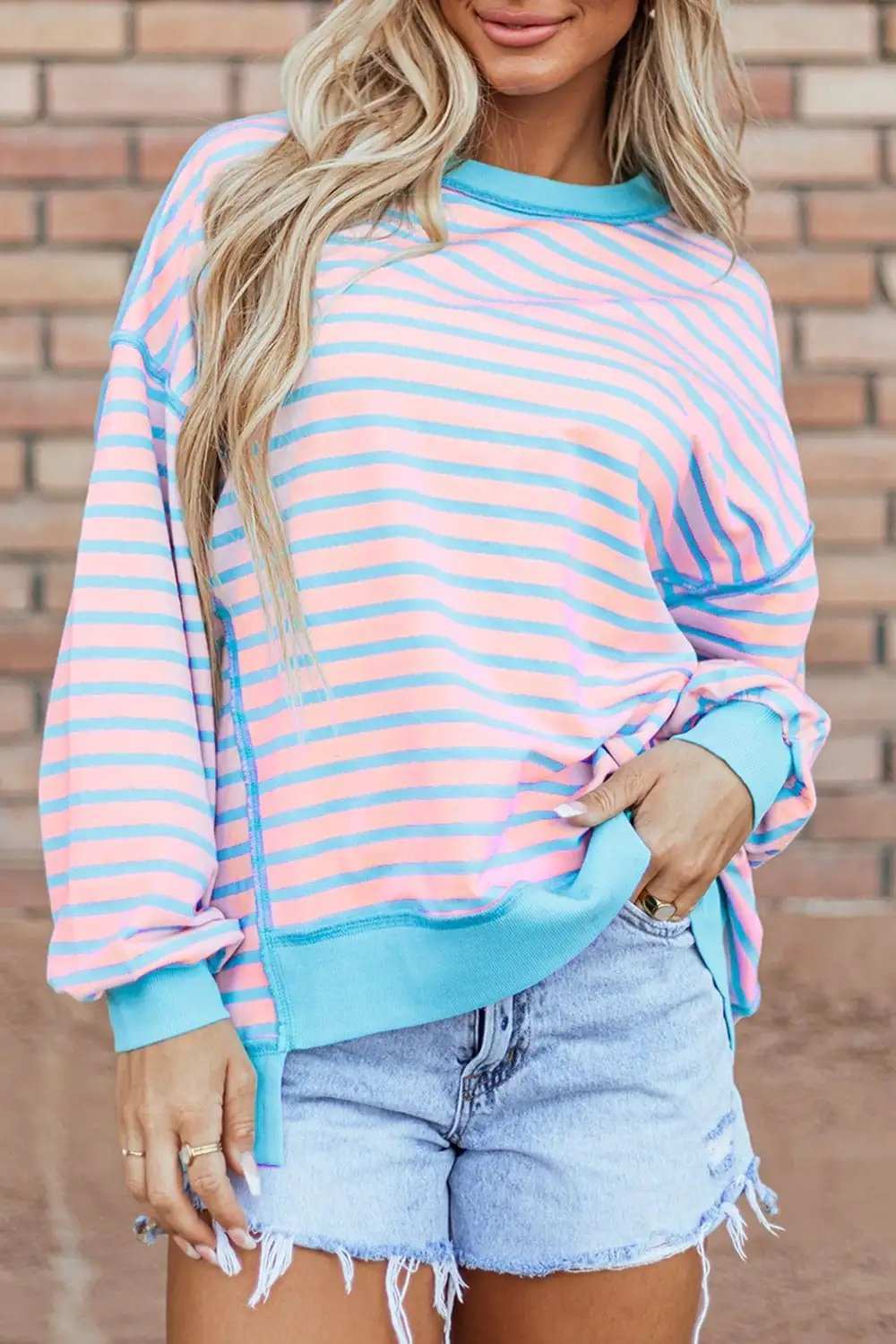 High-Low Striped Long Sleeve Sweatshirt - Trendsi - Flyclothing LLC