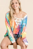 BiBi Tie Dye Deep V-neck Top With Lace Up Front - Trendsi - Flyclothing LLC