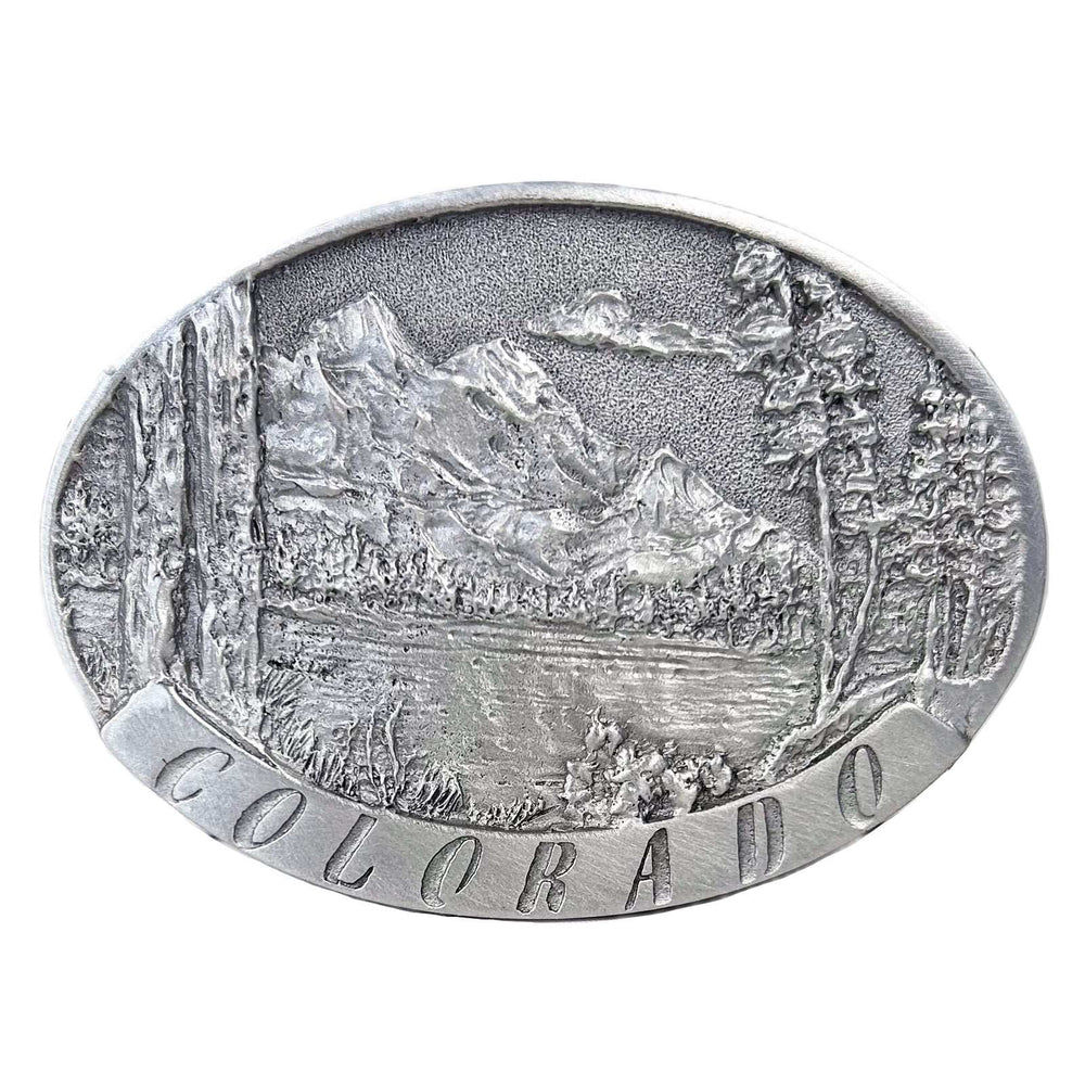 Rockmount Ranch Ware Pewter Western Belt Buckle with Colorado Mountains - Rockmount Clothing - Flyclothing LLC