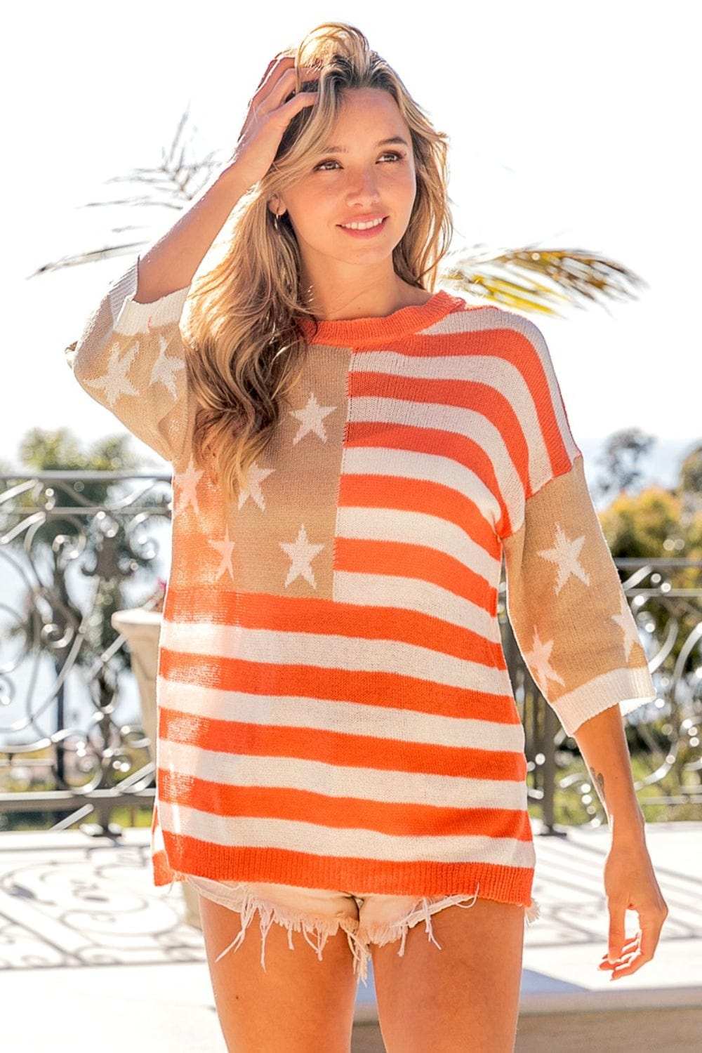 BiBi American Flag Round Neck Knit Top - Trendsi - Flyclothing LLC