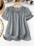 Smocked Plaid Round Neck Layered Short Sleeve Blouse - Trendsi - Flyclothing LLC
