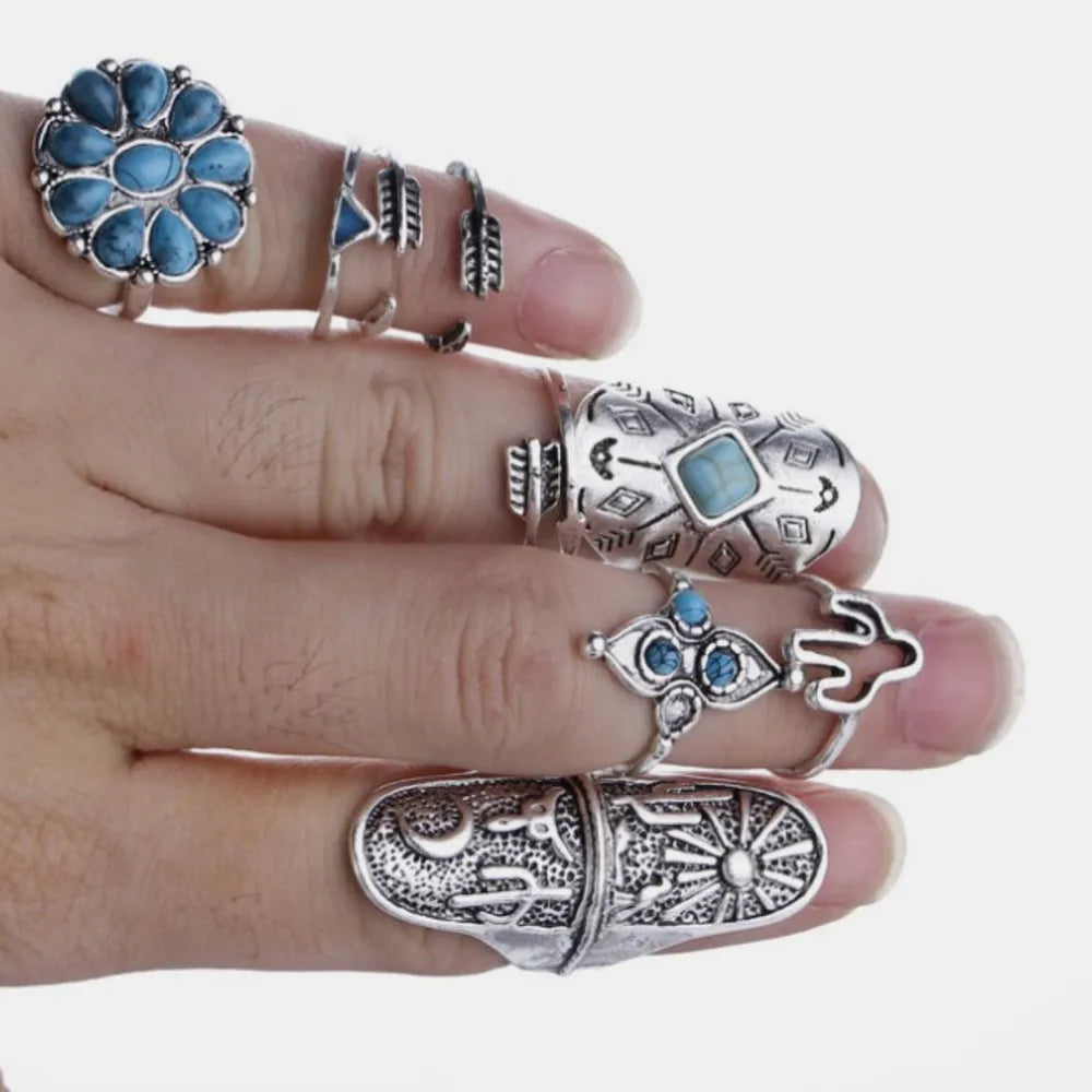 Alloy Turquoise 9-Piece Ring Set - Trendsi - Flyclothing LLC