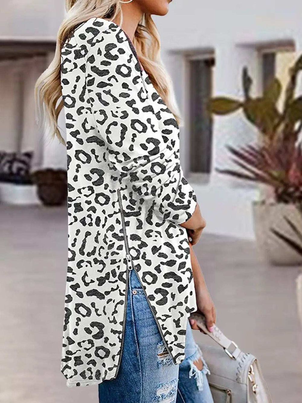 Full Size Side Zip Printed V-Neck Long Sleeve T-Shirt - Trendsi - Flyclothing LLC