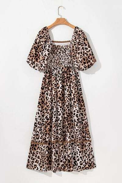 Leopard Square Neck Puff Sleeve Maxi Dress - Trendsi - Flyclothing LLC