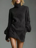 Full Size Suede Turtleneck Lantern Sleeve Mini Dress Plus Size - Trendsi - Flyclothing LLC