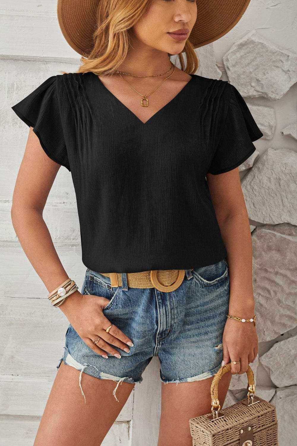 Ruched V-Neck Flounce Sleeve Blouse - Trendsi - Flyclothing LLC