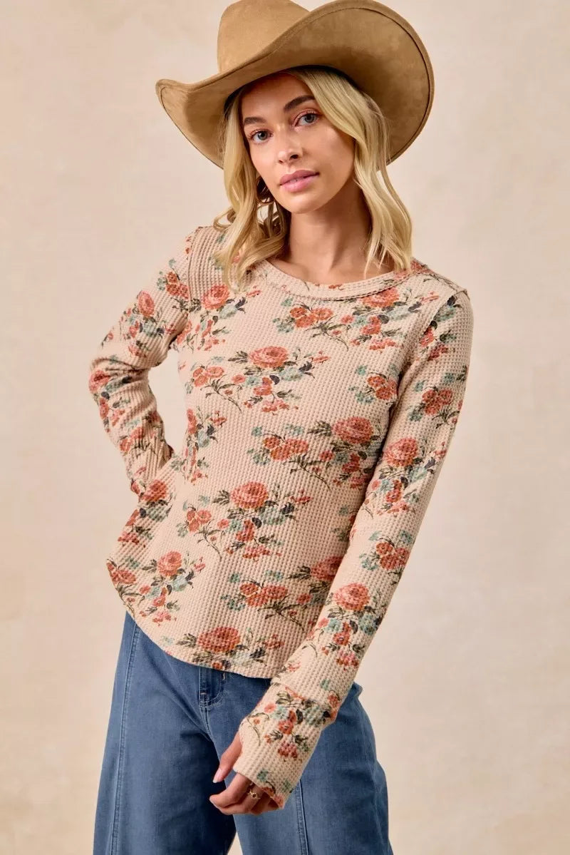 BiBi Floral Print Washed Waffle Thermal Top with Thumb - Trendsi - Flyclothing LLC