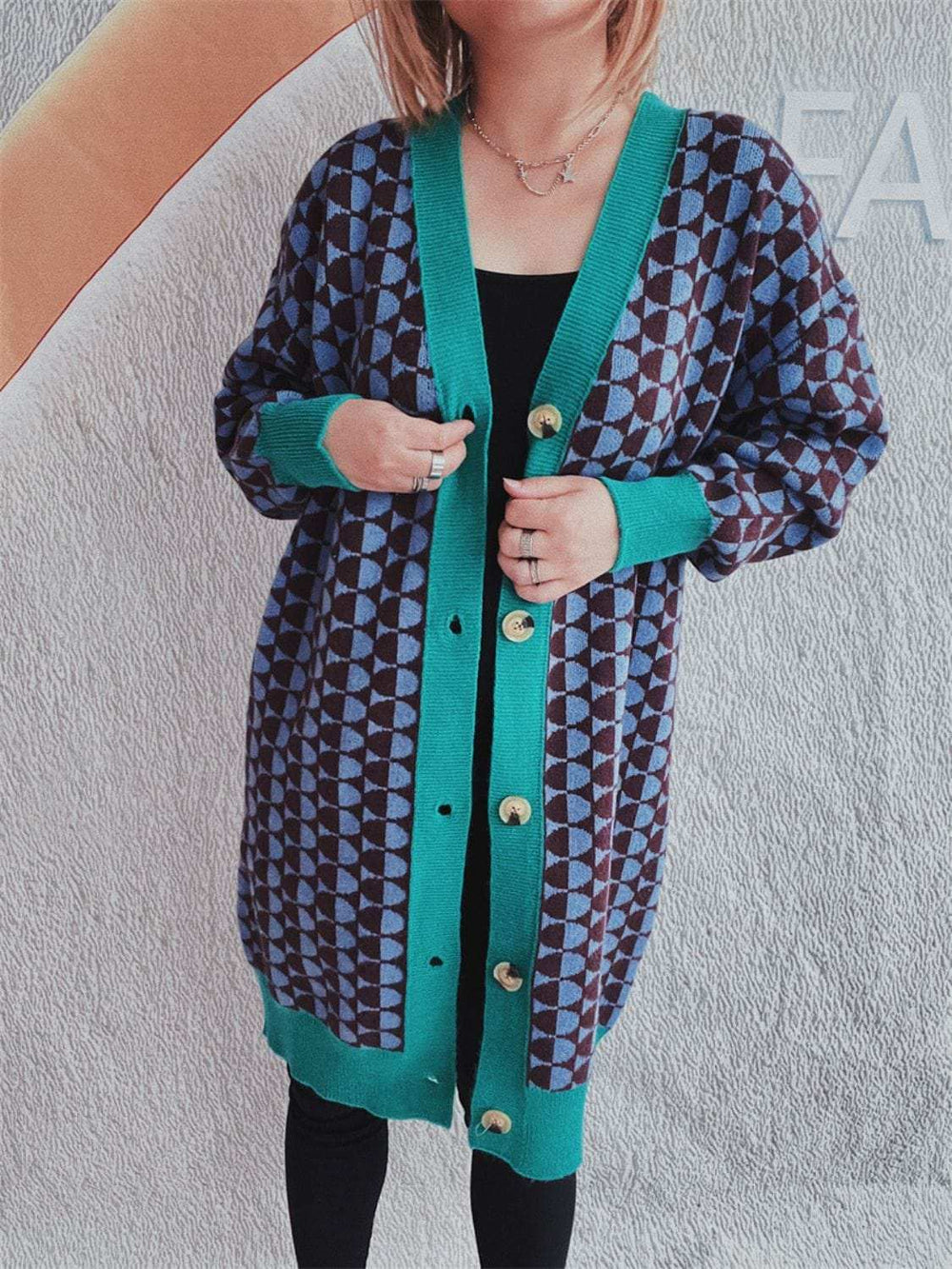 Contrast Trim Geometric Button Down Cardigan - Trendsi - Flyclothing LLC
