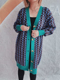 Contrast Trim Geometric Button Down Cardigan - Trendsi - Flyclothing LLC