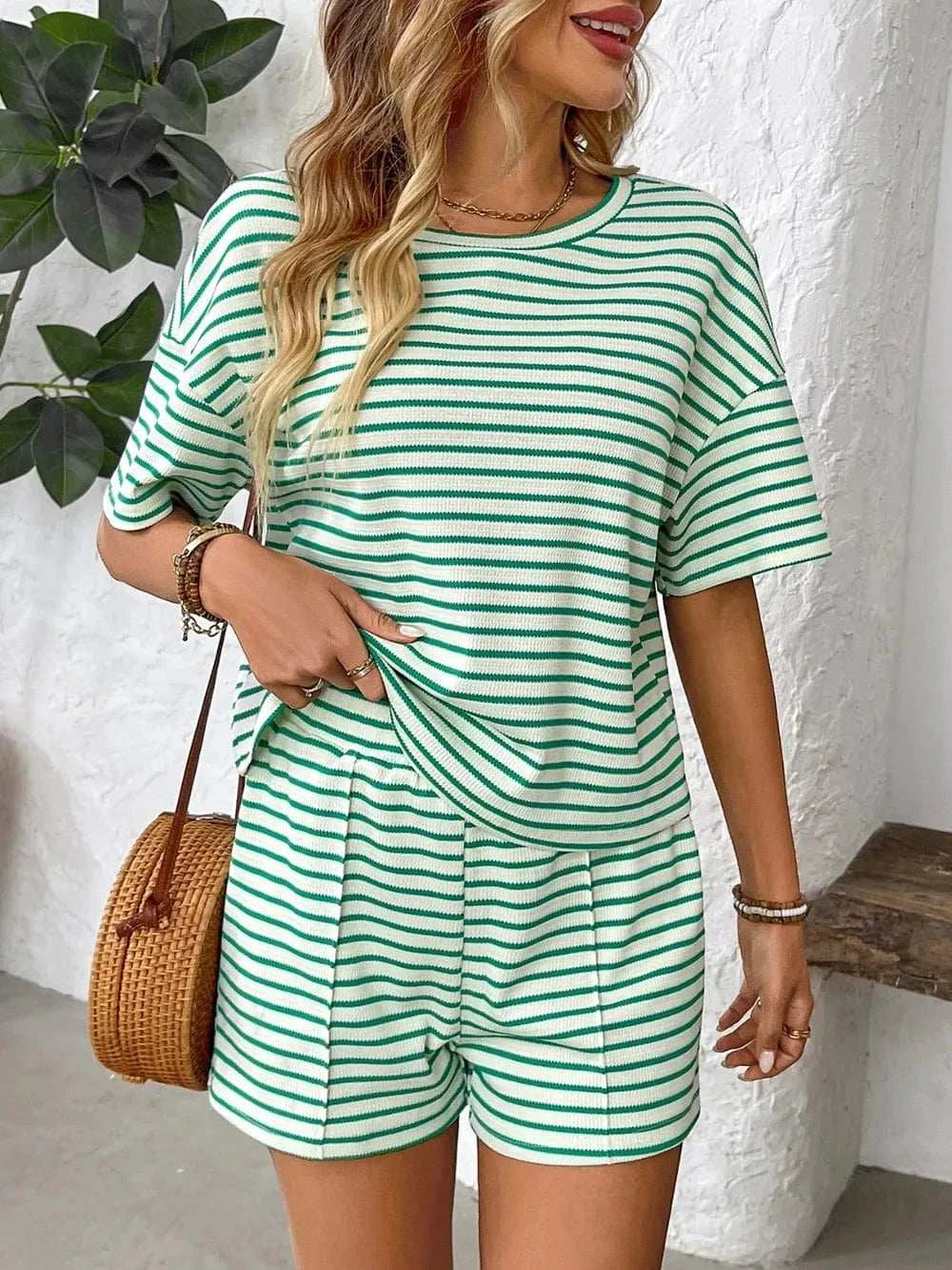 Striped Round Neck Short Sleeve Top and Shorts Set - Trendsi - Flyclothing LLC