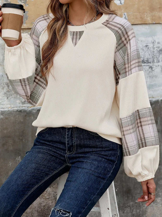 Perfee Plaid Round Neck Long Sleeve Sweatshirt - Trendsi - Flyclothing LLC