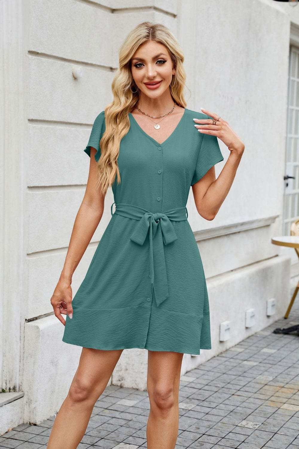 Tied Button Up Short Sleeve Mini Shirt Dress - Trendsi - Flyclothing LLC