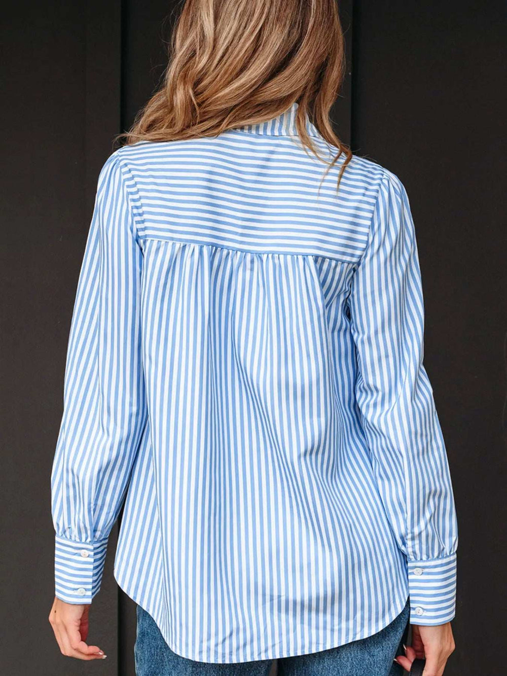 Stripe Shirred Detail Half Placket Collared Long Sleeve Shirt - Trendsi - Flyclothing LLC
