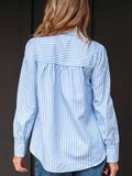 Stripe Shirred Detail Half Placket Collared Long Sleeve Shirt - Trendsi - Flyclothing LLC